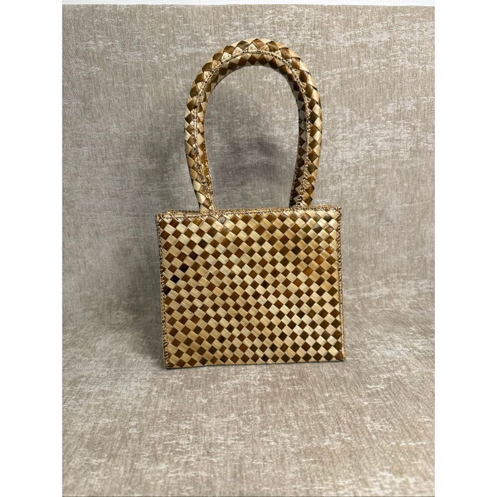 Women's Woven Straw Basketweave Structured Purse Hand Shoulder Bag Brown Tan